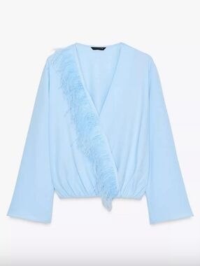 Zara Light Blue Feather-Trim Wrap Blouse Size Medium NWT